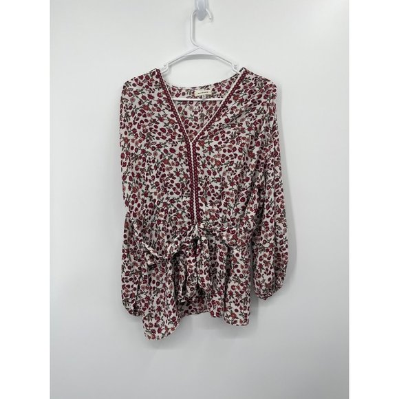 Max Studio Tops - Max Studio Size XL Floral Red Cream Pink Long Sleeve Tied Waist V-Neck Top